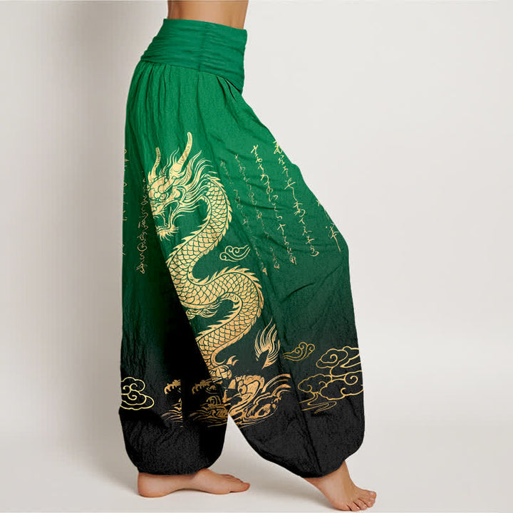 Buddha Stones Dames harembroek met elastische Taille en gouden drakenwolkenpatroon van katoen - image 6