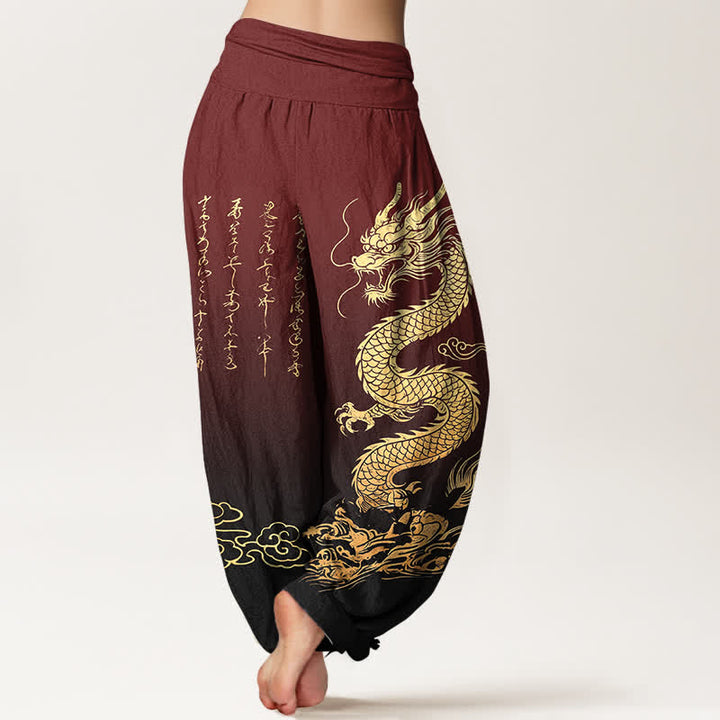 Buddha Stones Dames harembroek met elastische Taille en gouden drakenwolkenpatroon van katoen - image 10
