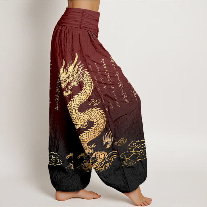 Buddha Stones Dames harembroek met elastische Taille en gouden drakenwolkenpatroon van katoen - image 9