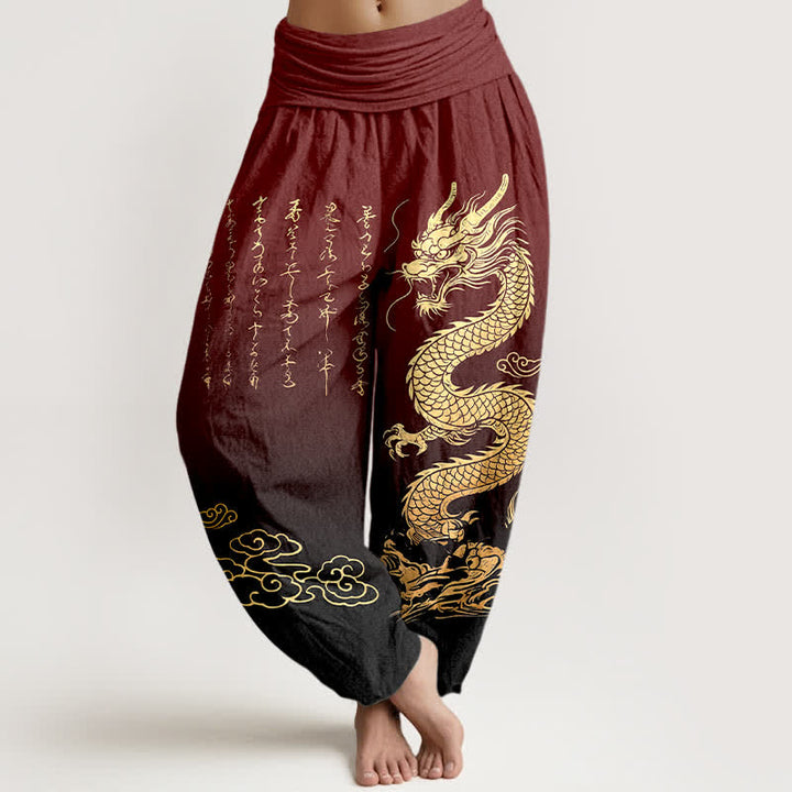 Buddha Stones Dames harembroek met elastische Taille en gouden drakenwolkenpatroon van katoen - Kastanjebruin - US16, UK/AU20, EU48 (3XL) - image 8