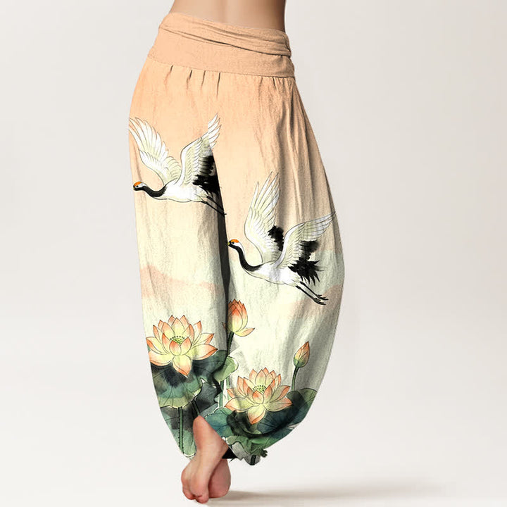 Buddha Stones Dames harembroek met elastische Taille en vliegende kraanvogel- en lotusmotief. - image 2