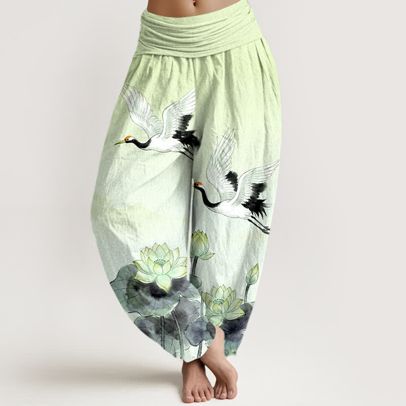 Buddha Stones Dames harembroek met elastische Taille en vliegende kraanvogel- en lotusmotief. - Honingmeloen - US16, UK/AU20, EU48 (3XL) - image 8