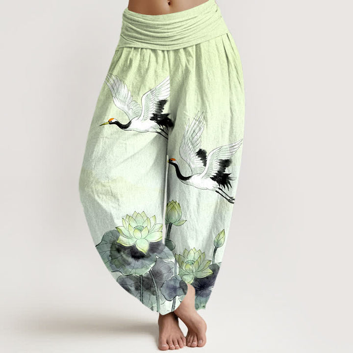 Buddha Stones Dames harembroek met elastische Taille en vliegende kraanvogel- en lotusmotief. - Honingmeloen - US16, UK/AU20, EU48 (3XL) - image 8