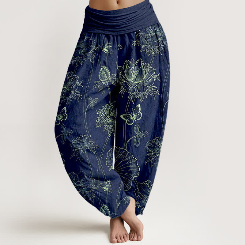 Buddha Stones Dames harembroek met elastische Taille en schetspatroon van katoenen lotusbloemen en vlinders - Marine - US16, UK/AU20, EU48 (3XL) - image 0