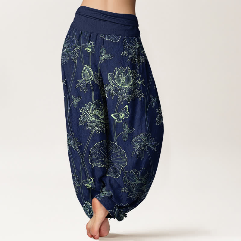 Buddha Stones Dames harembroek met elastische Taille en schetspatroon van katoenen lotusbloemen en vlinders - image 2
