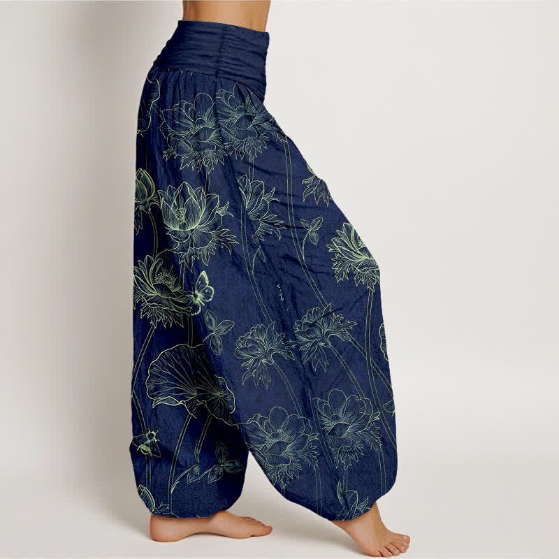 Buddha Stones Dames harembroek met elastische Taille en schetspatroon van katoenen lotusbloemen en vlinders - image 1