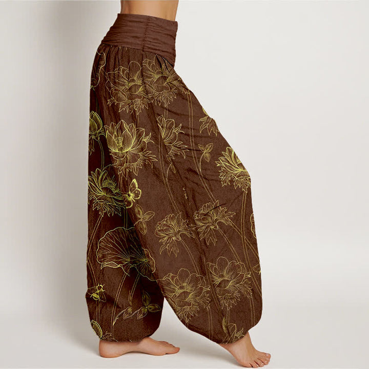 Buddha Stones Dames harembroek met elastische Taille en schetspatroon van katoenen lotusbloemen en vlinders - image 6