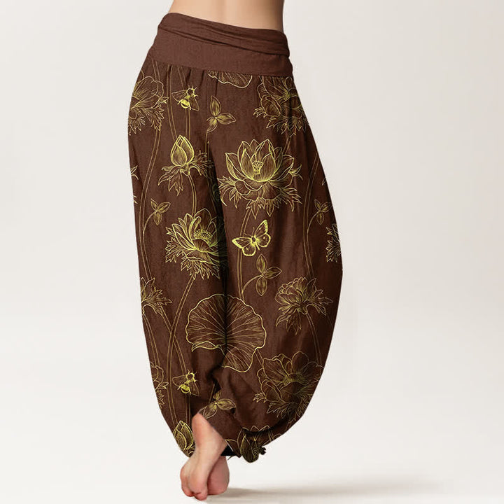 Buddha Stones Dames harembroek met elastische Taille en schetspatroon van katoenen lotusbloemen en vlinders - image 7