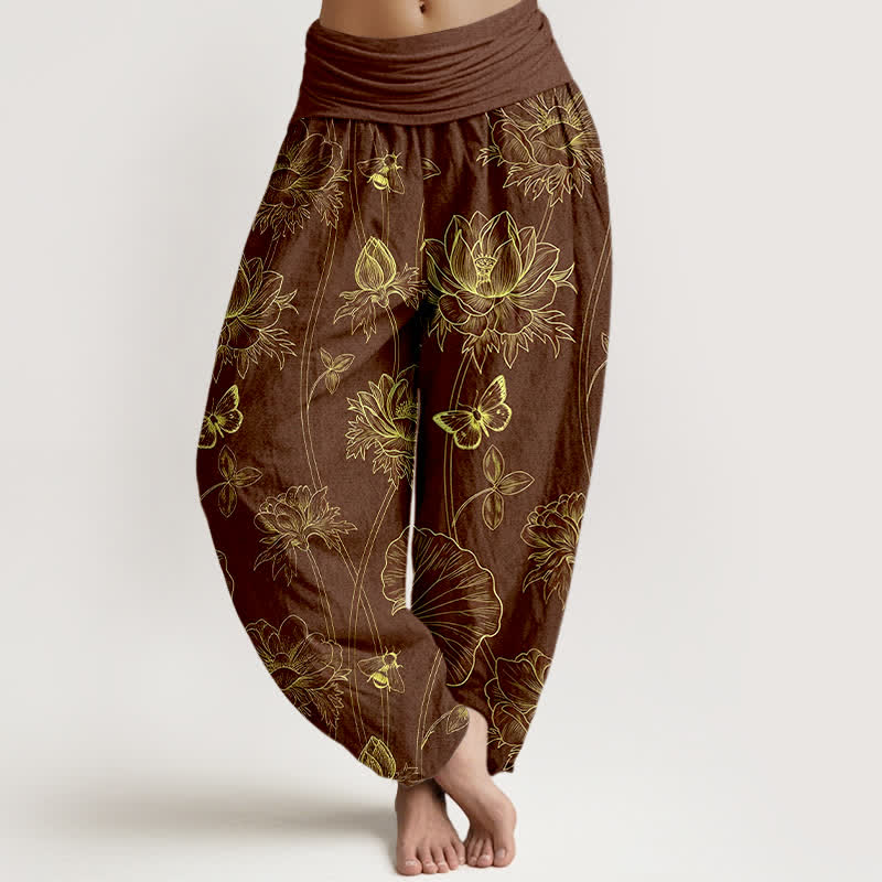 Buddha Stones Dames harembroek met elastische Taille en schetspatroon van katoenen lotusbloemen en vlinders - Zadelbruin - US16, UK/AU20, EU48 (3XL) - image 5