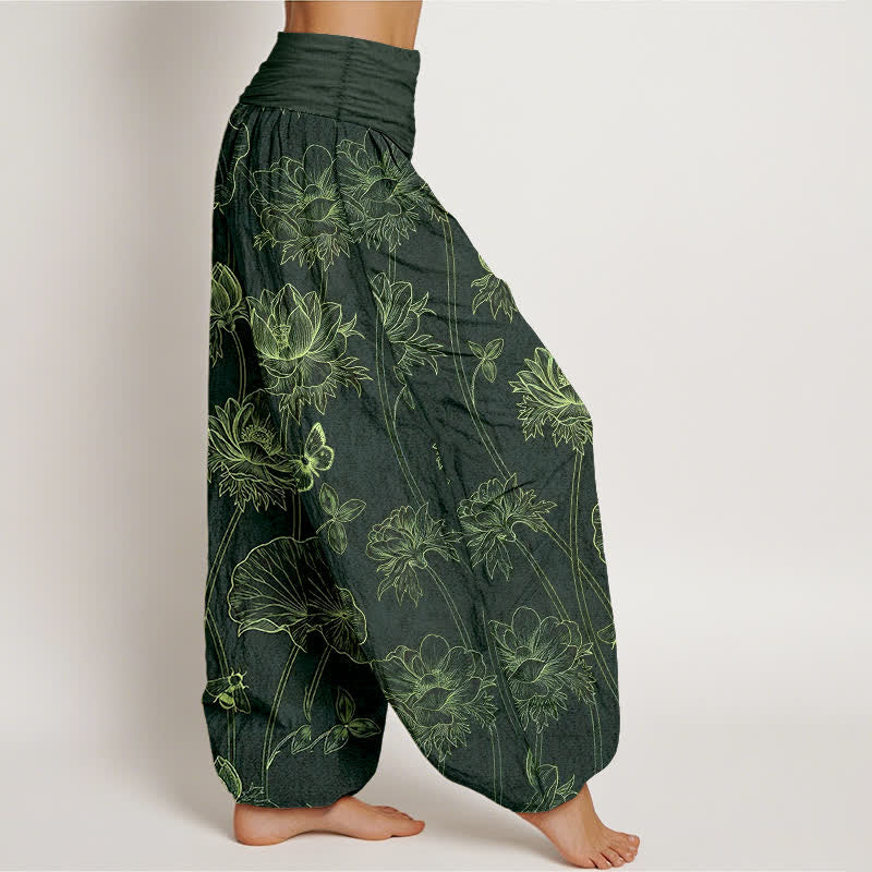 Buddha Stones Dames harembroek met elastische Taille en schetspatroon van katoenen lotusbloemen en vlinders - image 10