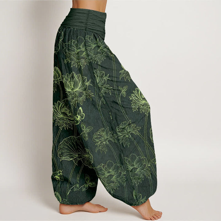 Buddha Stones Dames harembroek met elastische Taille en schetspatroon van katoenen lotusbloemen en vlinders - image 10