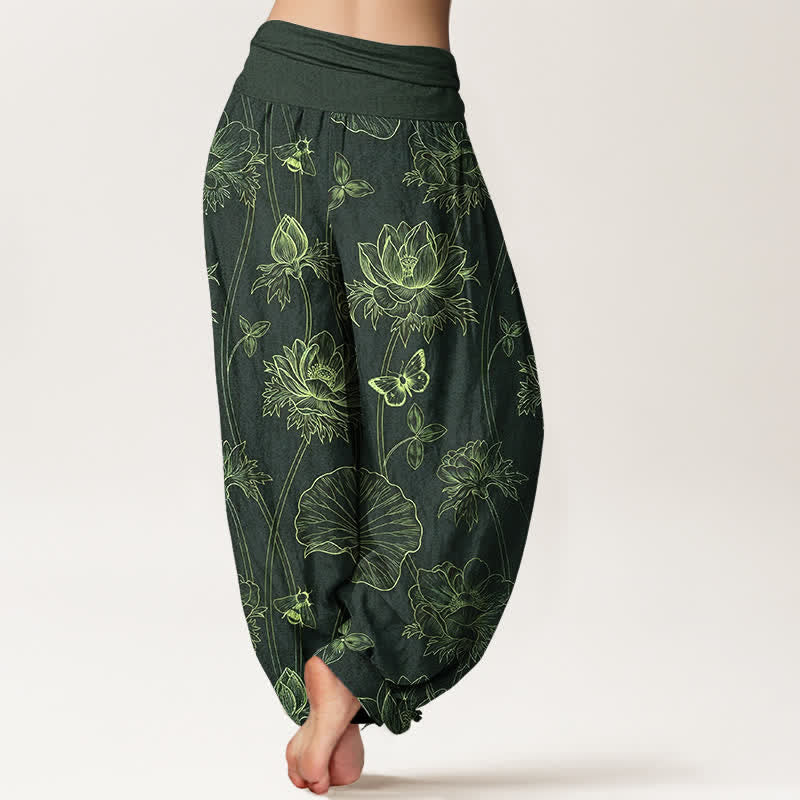 Buddha Stones Dames harembroek met elastische Taille en schetspatroon van katoenen lotusbloemen en vlinders - image 9