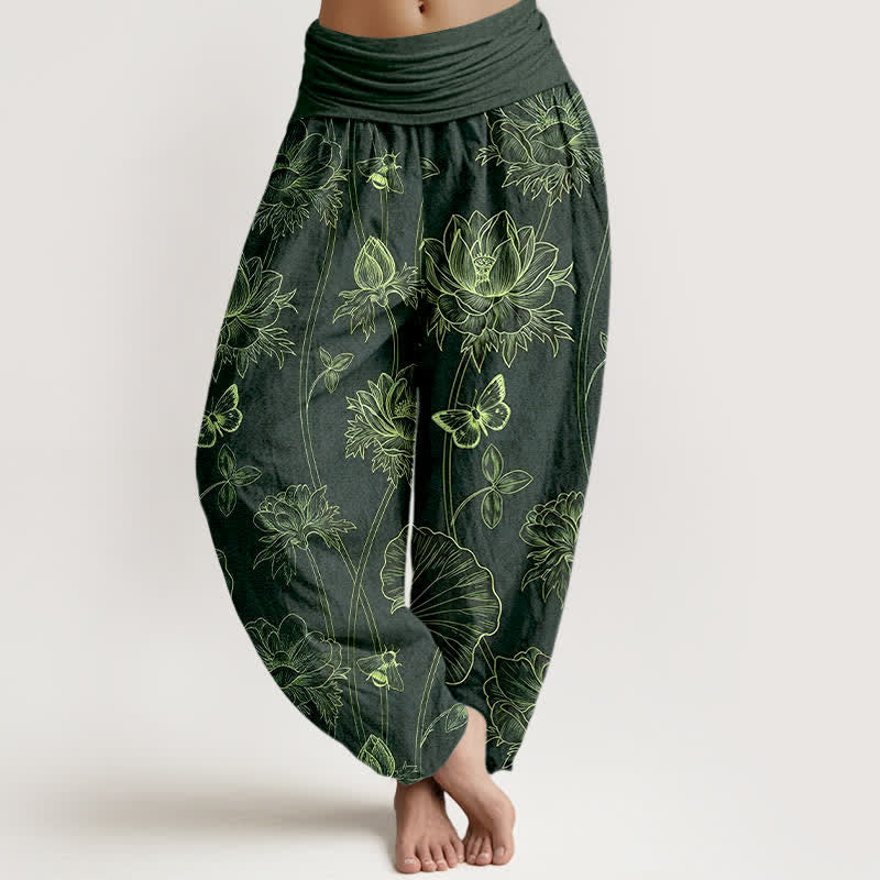 Buddha Stones Dames harembroek met elastische Taille en schetspatroon van katoenen lotusbloemen en vlinders - Donkergroen - US16, UK/AU20, EU48 (3XL) - image 8