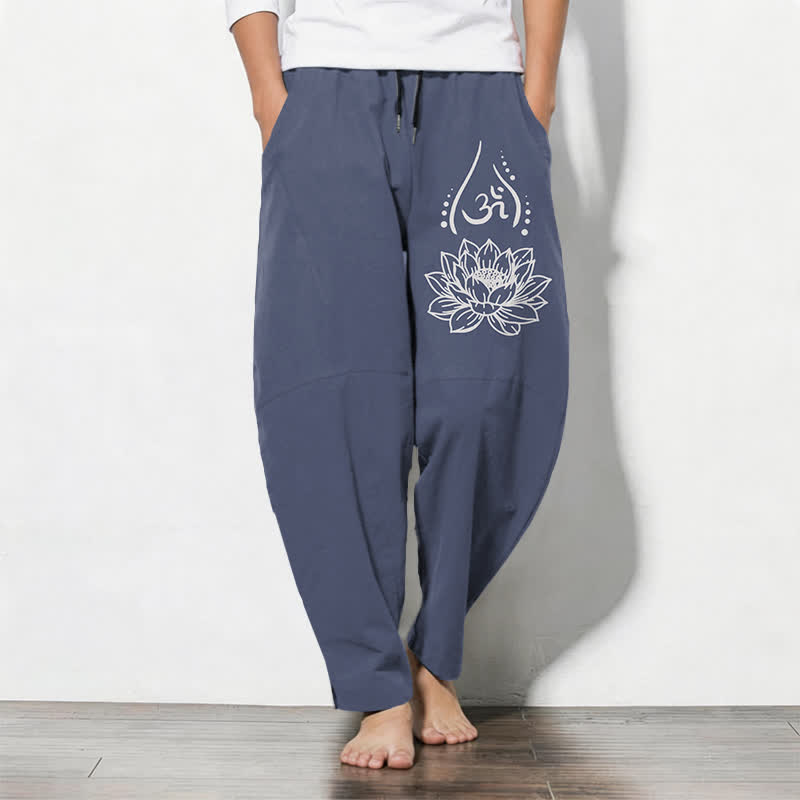 Buddha Stones Getailleerde herenbroek van puur katoen met Zakken en zakken, met 100% Cotton lotus-Om-patroon. - Staalblauw - US/UK/AU50, EU60 (5XL) - image 0