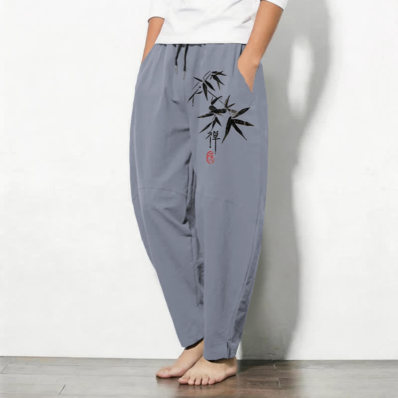 Buddha Stones Herenbroek van 100% Cotton met Zen bamboebladpatroon, trekkoord en Zakken. - image 1