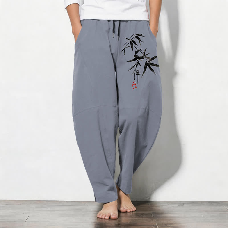 Buddha Stones Herenbroek van 100% Cotton met Zen bamboebladpatroon, trekkoord en Zakken. - Leigrijs - US/UK/AU50, EU60 (5XL) - image 0