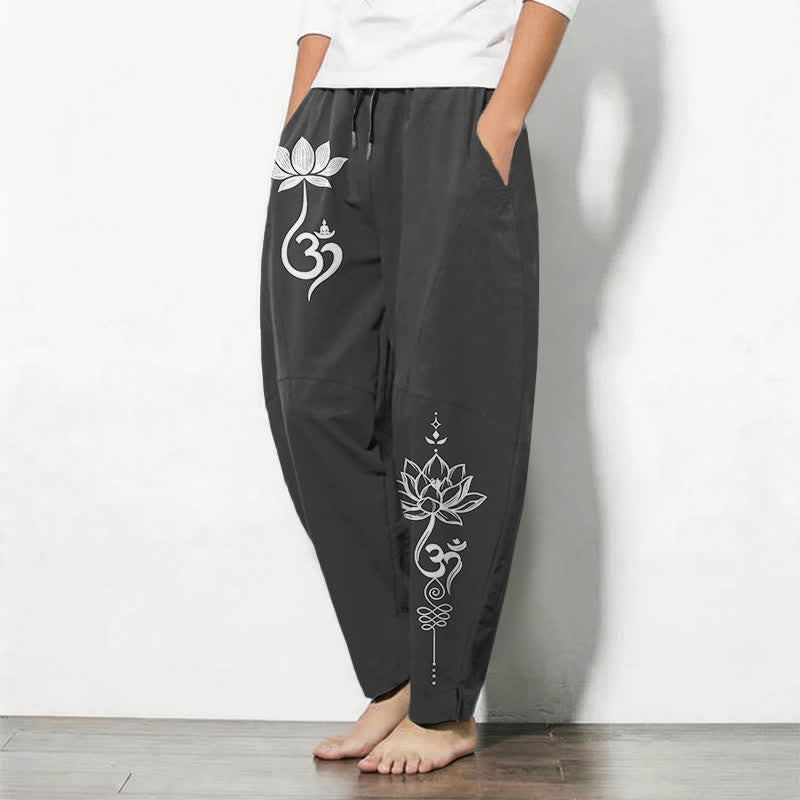 Buddha Stones Taps toelopende herenbroek van puur 100% Cotton met Zen Om-patroon, trekkoord en Zakken. - image 1