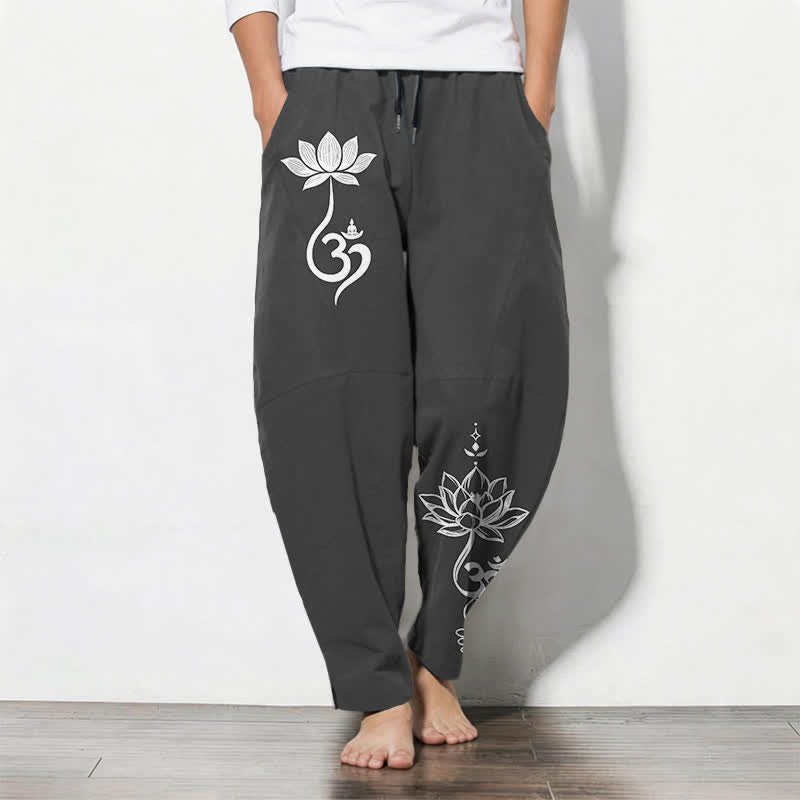 Buddha Stones Taps toelopende herenbroek van puur 100% Cotton met Zen Om-patroon, trekkoord en Zakken. - Zwart - US/UK/AU50, EU60 (5XL) - image 0