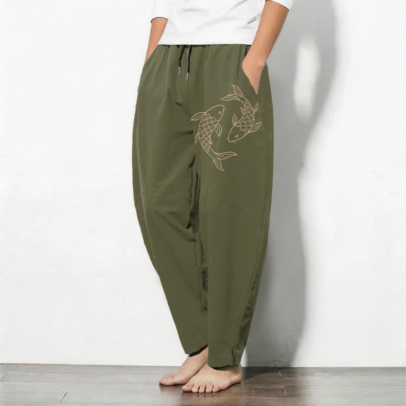 Buddha Stones Getailleerde herenbroek van 100% Cotton met koi-visprint, trekkoord en Zakken. - image 1