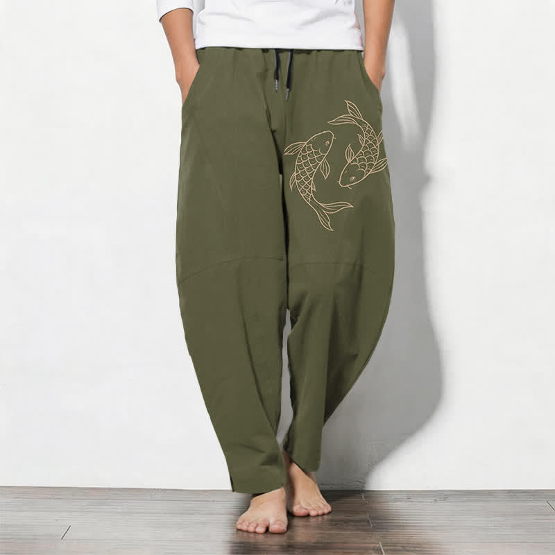 Buddha Stones Getailleerde herenbroek van 100% Cotton met koi-visprint, trekkoord en Zakken. - Olijf - US/UK/AU50, EU60 (5XL) - image 0