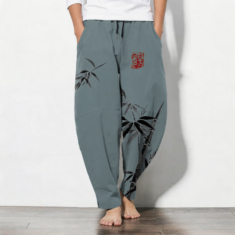 Buddha Stones Herenbroek van 100% Cotton met oosters inkt- en bamboepatroon, trekkoord en taps toelopende pijpen, inclusief Zakken. - CadetBlue - US/UK/AU50, EU60 (5XL) - image 0