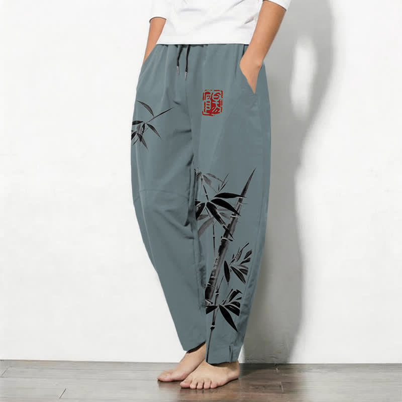 Buddha Stones Herenbroek van 100% Cotton met oosters inkt- en bamboepatroon, trekkoord en taps toelopende pijpen, inclusief Zakken. - image 1