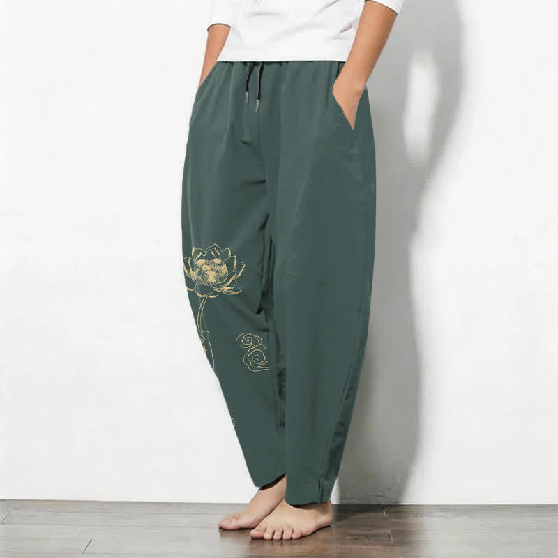 Buddha Stones Herenbroek van 100% Cotton met gouden lotuswolkenpatroon, trekkoord en taps toelopende pijpen, inclusief Zakken. - image 1