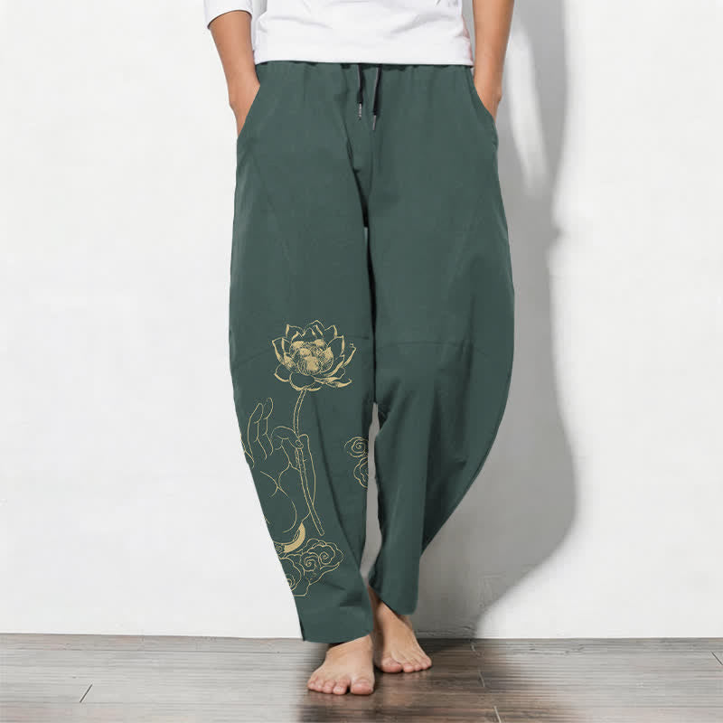 Buddha Stones Herenbroek van 100% Cotton met gouden lotuswolkenpatroon, trekkoord en taps toelopende pijpen, inclusief Zakken. - Teal - US/UK/AU50, EU60 (5XL) - image 0