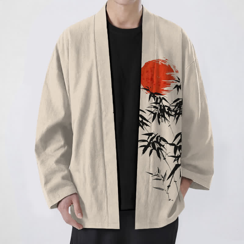 Buddha Stones Katoenen rode kimono met bamboe-inktpatroon en open voorkant voor heren - Beige - US/UK/AU48, EU58 (4XL) - image 0