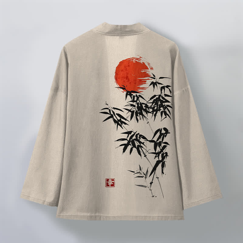 Buddha Stones Katoenen rode kimono met bamboe-inktpatroon en open voorkant voor heren - image 2