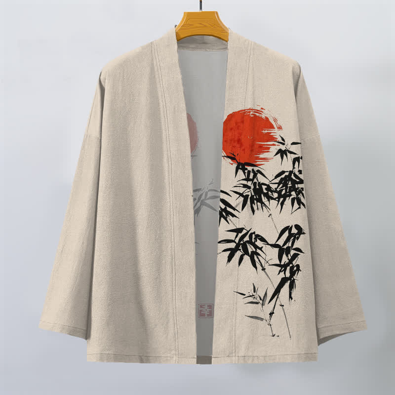 Buddha Stones Katoenen rode kimono met bamboe-inktpatroon en open voorkant voor heren - image 1