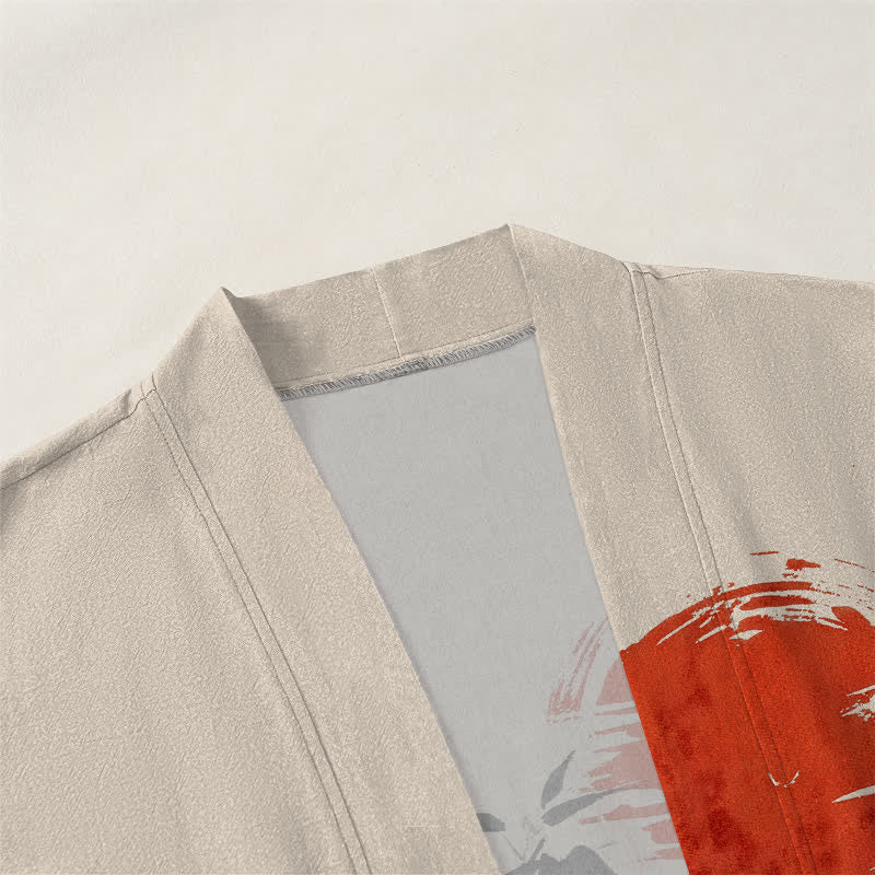 Buddha Stones Katoenen rode kimono met bamboe-inktpatroon en open voorkant voor heren - image 3