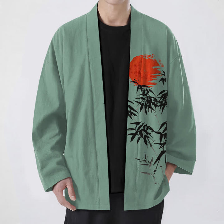 Buddha Stones Katoenen rode kimono met bamboe-inktpatroon en open voorkant voor heren - Zeegroen - US/UK/AU48, EU58 (4XL) - image 6