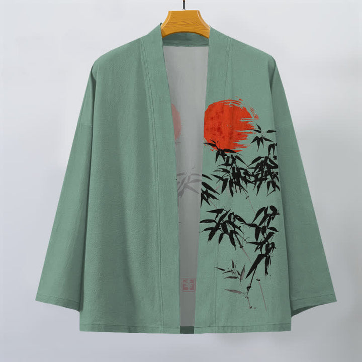 Buddha Stones Katoenen rode kimono met bamboe-inktpatroon en open voorkant voor heren - image 7