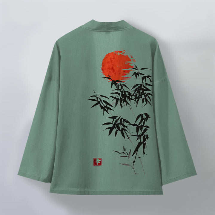 Buddha Stones Katoenen rode kimono met bamboe-inktpatroon en open voorkant voor heren - image 8