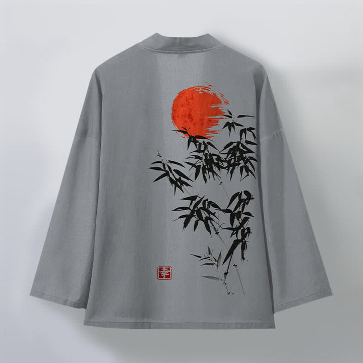 Buddha Stones Katoenen rode kimono met bamboe-inktpatroon en open voorkant voor heren - image 11
