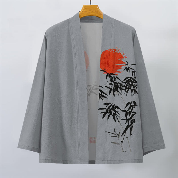 Buddha Stones Katoenen rode kimono met bamboe-inktpatroon en open voorkant voor heren - image 10