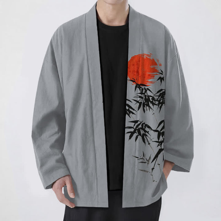 Buddha Stones Katoenen rode kimono met bamboe-inktpatroon en open voorkant voor heren - Donkergrijs - US/UK/AU48, EU58 (4XL) - image 9