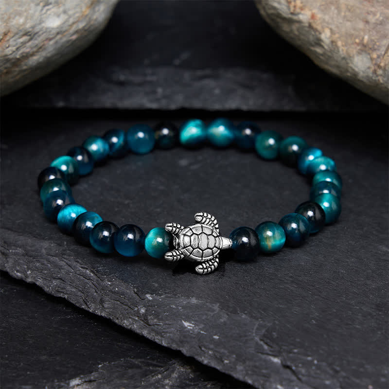Buddha Stones Blauwe tijgeroog koperen schildpad krachtige Armband - 6mm blauwe tijgeroogsteen (Polsomtrek: 14-15 cm) - image 0
