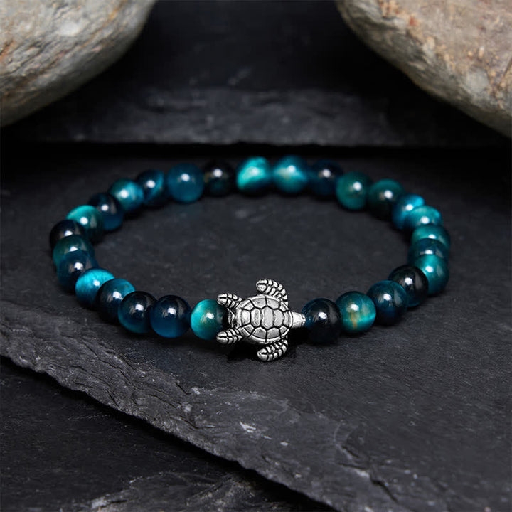 Buddha Stones Blauwe tijgeroog koperen schildpad krachtige Armband - 6mm blauwe tijgeroogsteen (Polsomtrek: 14-15 cm) - image 0