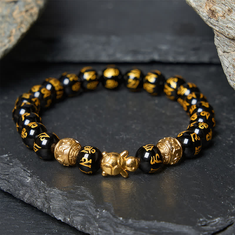 Buddha Stones Natuurlijke zwarte onyx kralen Om Mani Padme Hum Schildpad Armband - 8mm zwarte onyx (Polsomtrek: 15-16 cm) - image 0