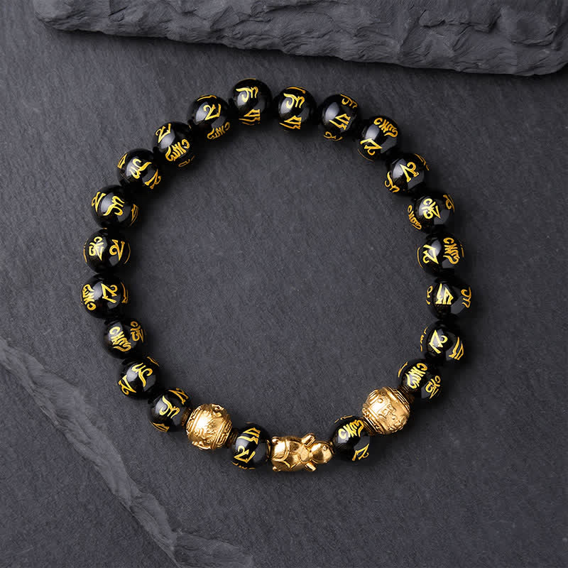 Buddha Stones Natuurlijke zwarte onyx kralen Om Mani Padme Hum Schildpad Armband - image 1