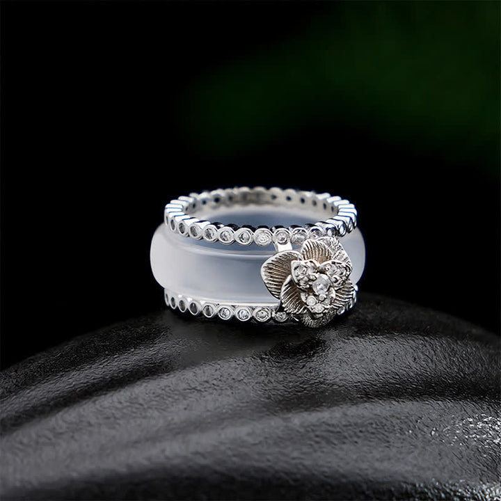 Buddha Stones Retro Chinese gelaagde Ring met ingelegde witte camelia van koper. - Witte camelia Ring - US7 (17,3 mm) - image 0