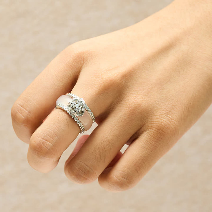 Buddha Stones Retro Chinese gelaagde Ring met ingelegde witte camelia van koper. - image 3