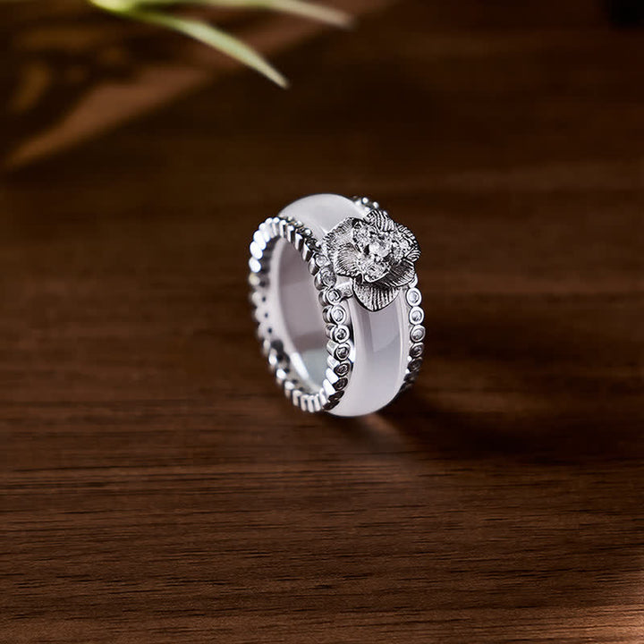 Buddha Stones Retro Chinese gelaagde Ring met ingelegde witte camelia van koper. - image 2