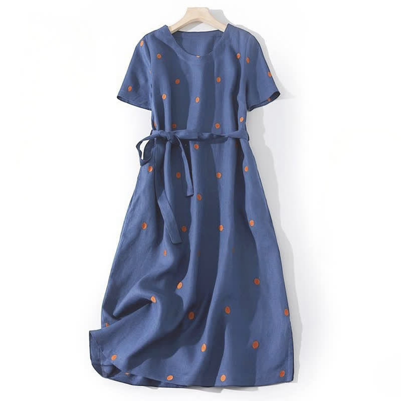 Casual Midi jurk met Korte mouw, vetersluiting en Zakken , met stippenpatroon van Buddha Stones. - Donkerblauw - US8-10，UK/AU12-14，EU40-42 (2XL) - image 0