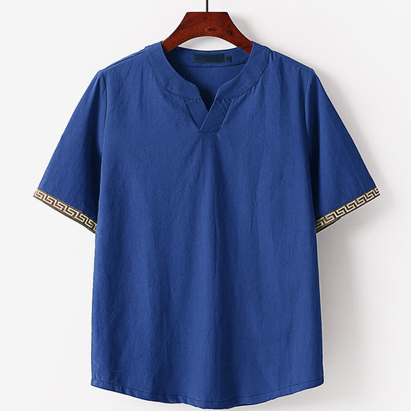 Buddha Stones Zomer T-shirt met Korte mouw, geborduurd en met reverskraag, gemaakt van katoen en linnen. - Staalblauw - VS/ UK/AU56, EU66 (9XL) - image 0