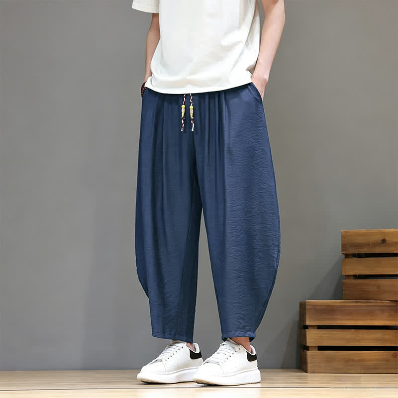 Buddha Stones Zomerse casual minimalistische Cropped broek met trekkoord, effen model, harembroek voor heren met zakken - Marine - US/UK/AU46, EU56 (5XL) - image 0