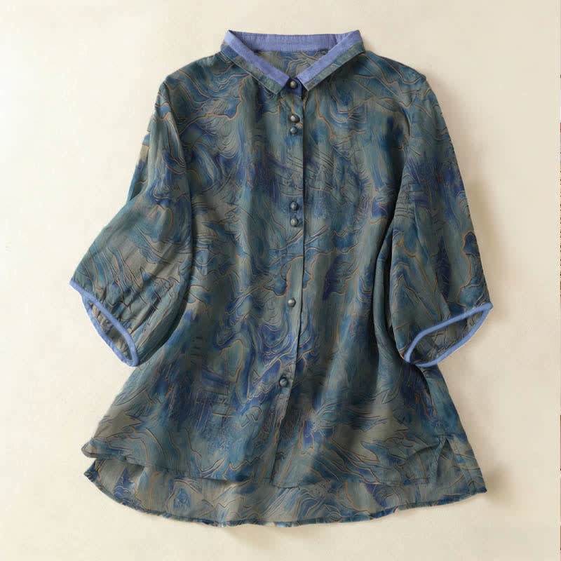 Buddha Stones Zomerse Chiffon met bloemenprint, knoopsluiting , Mandarin kraag en Mouw tot de elleboog. - CadetBlue - US8-10，UK/AU12-14，EU40-42 (2XL) - image 0
