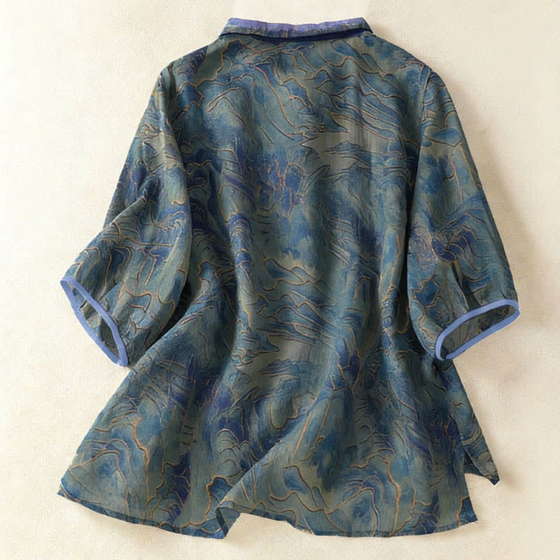 Buddha Stones Zomerse Chiffon met bloemenprint, knoopsluiting , Mandarin kraag en Mouw tot de elleboog. - image 1